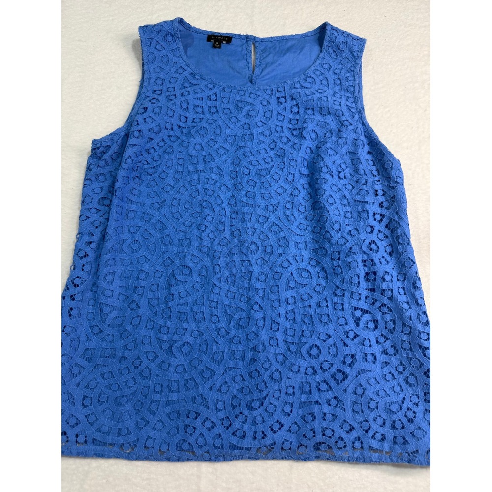 Talbots Womens Blue Eyelet Lace Sleeveless Shell Top Size 8 Geometric Overlay